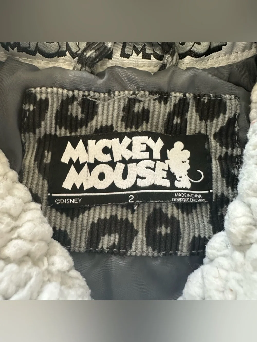 Disney Mickey Mouse Leopard Print Corduroy Faux‎ Fur Jacket, Size 2